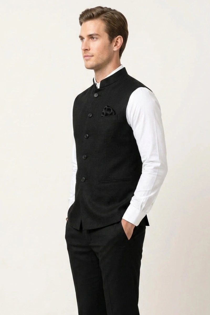 Black Mandarin Collar Jacket For Men's – Side 