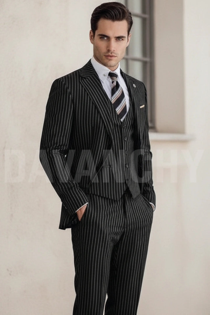Black pinstripe blazer waistcoat trouser set for men-Side