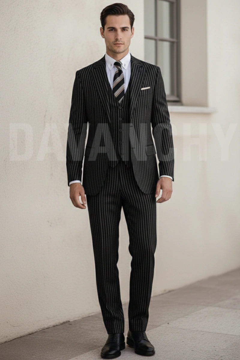 Men black pinstripe three piece formal suit-Front