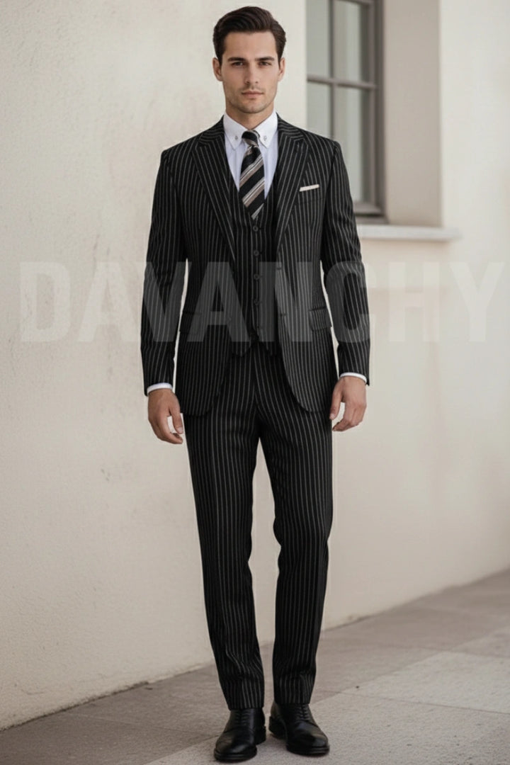Men black pinstripe three piece formal suit-Front