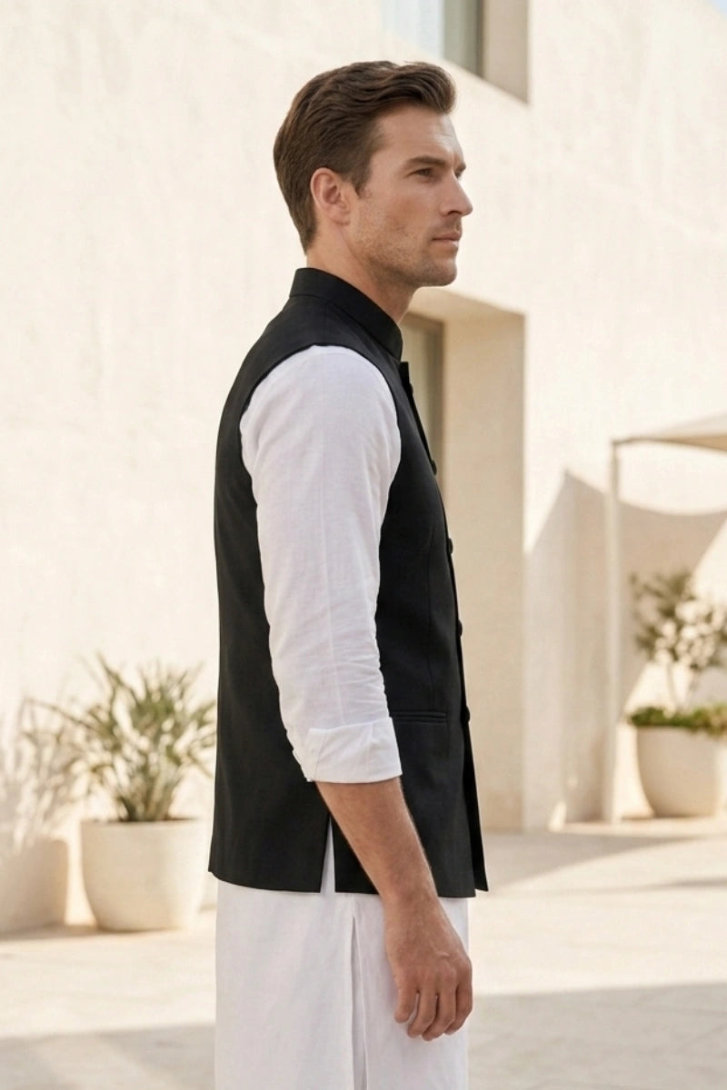 Black Traditional Bandhgala Vest For Men's – Side 
