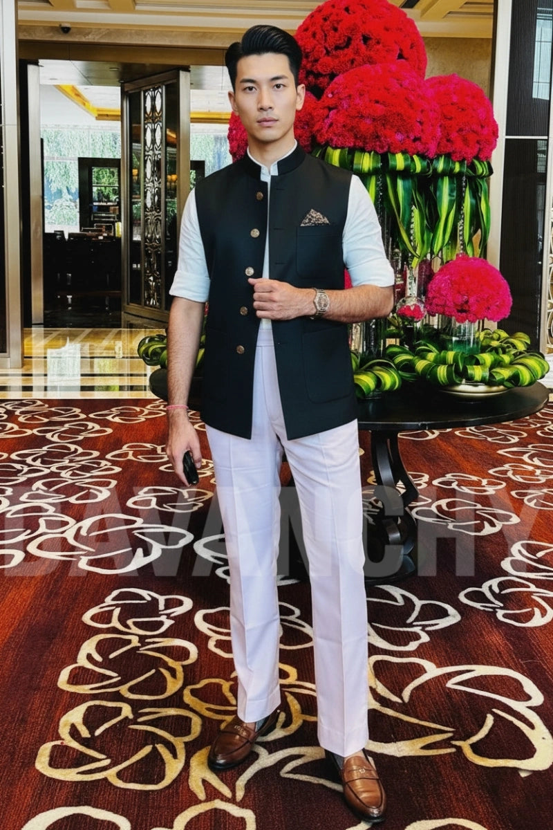 Men Black Nehru Jacket-Front