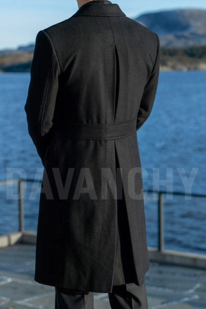 Men Wearing Black Tweed Overcoat-Back