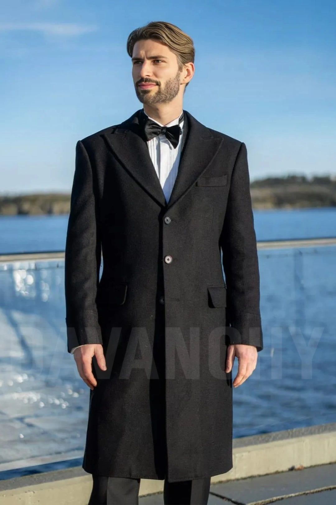 Men Black Tweed Wool Long Overcoat-Front