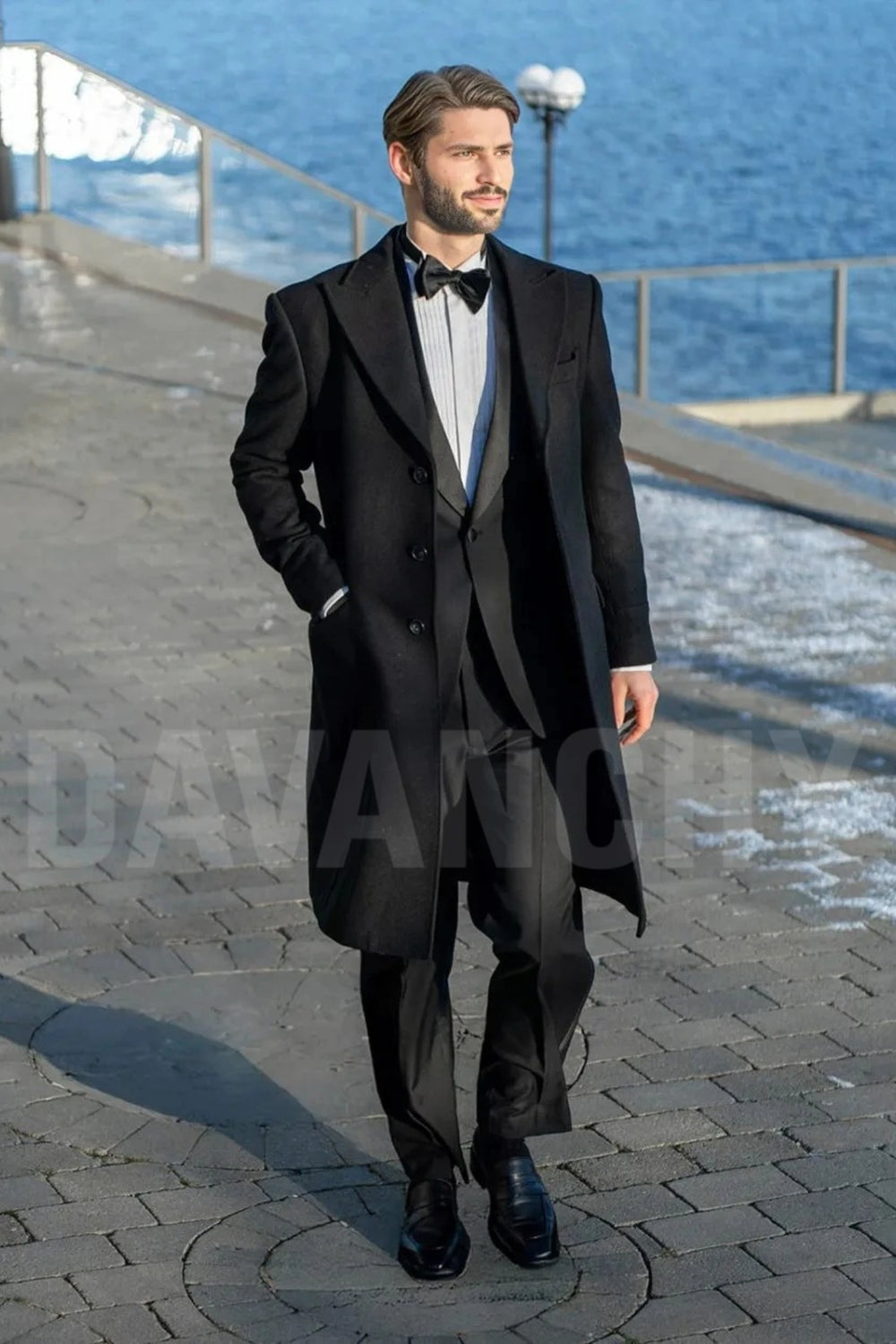 Black Wool Winter Coat for Men-Front