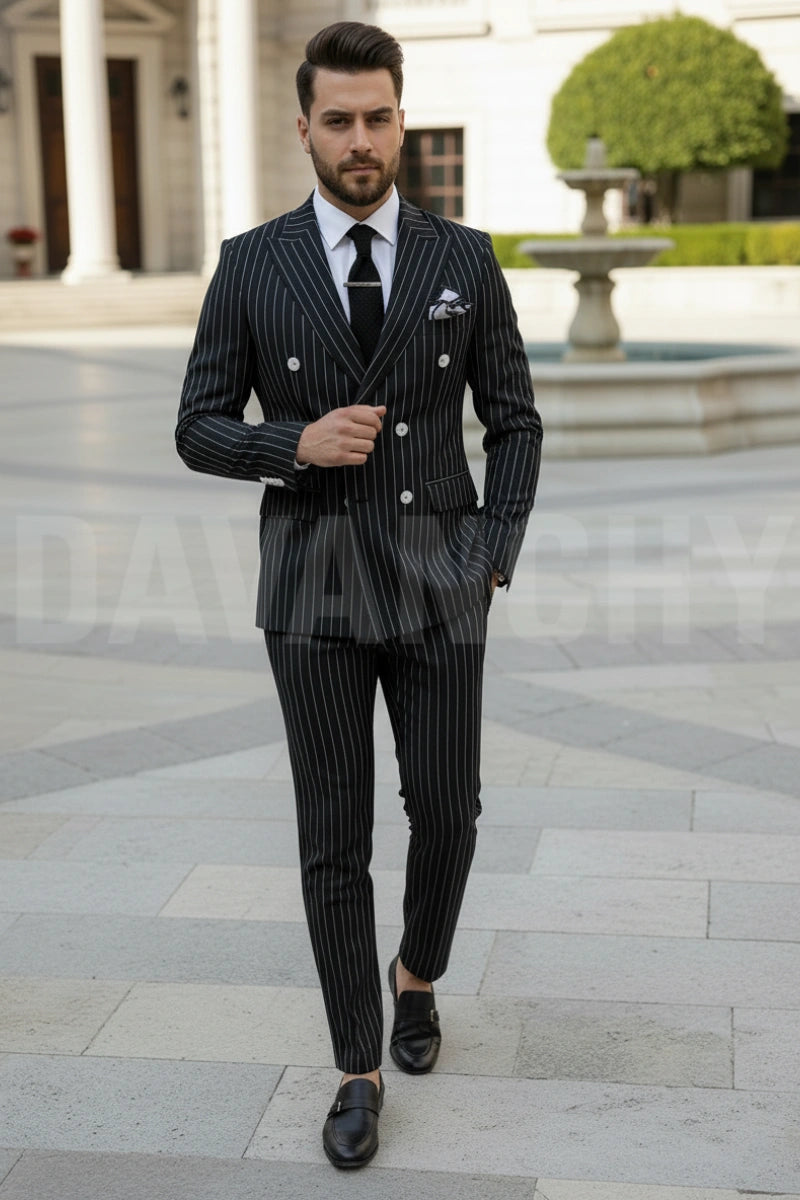 Men black pinstripe suit-Front