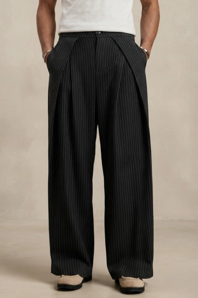 Black Pleated Loose Fit Pant for Men (Front)