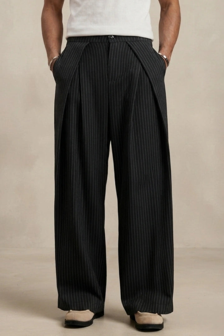 Black Pleated Loose Fit Pant for Men (Front)