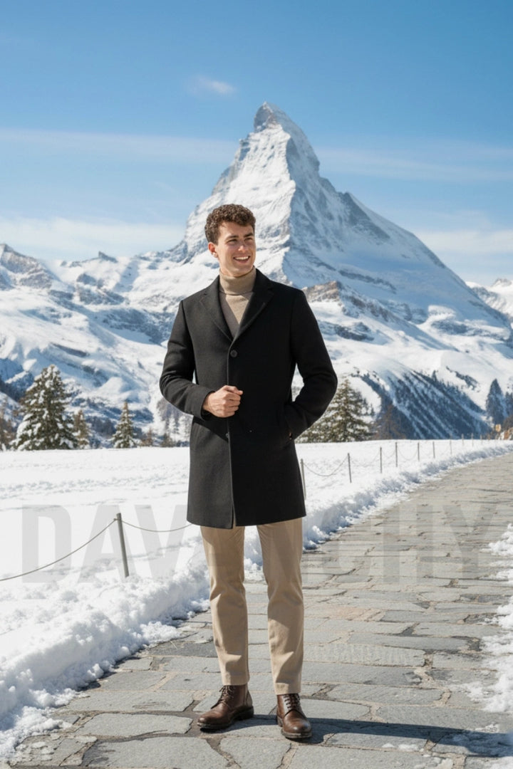 Men black wool trench coat-Front