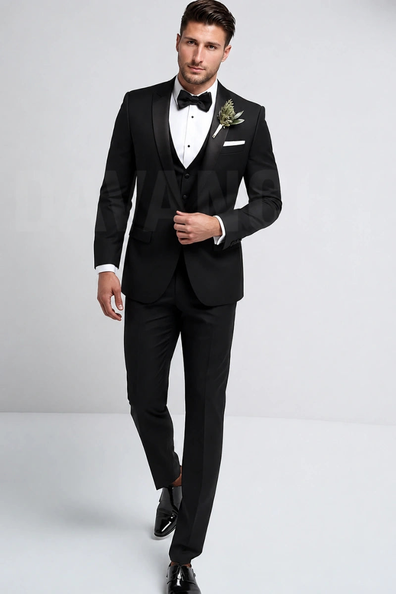 Men Black Tuxedo Wedding Suit Three Piece-Front