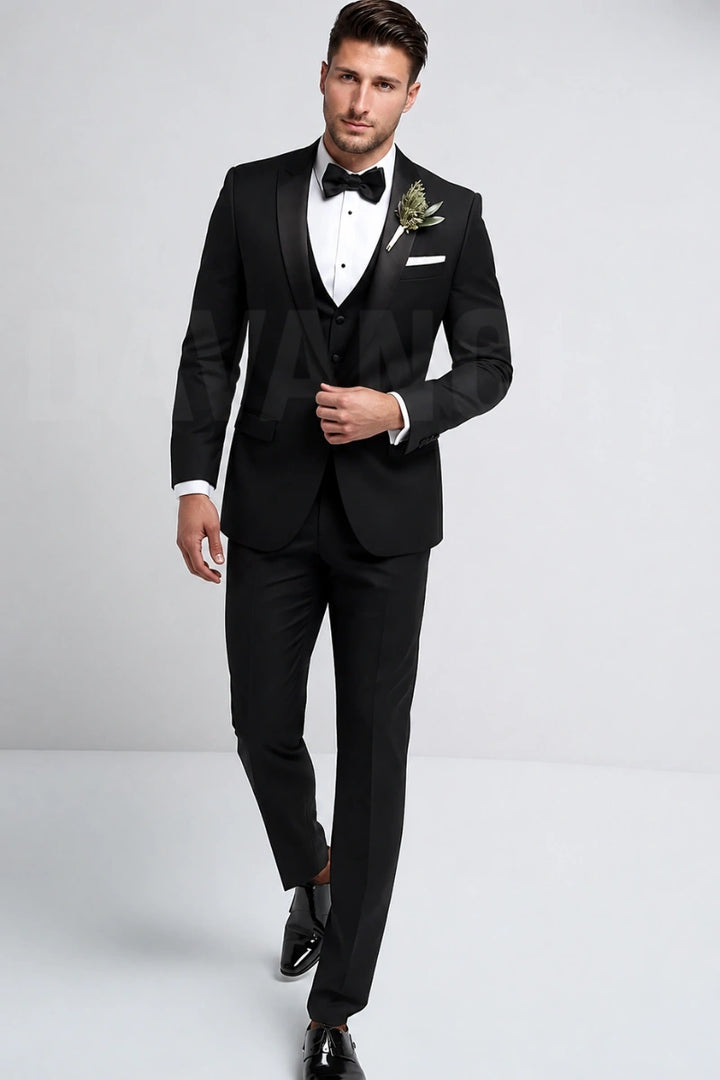 Men Black Tuxedo Wedding Suit Three Piece-Front