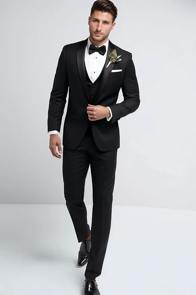 Men’s black tuxedo three piece suit-Front