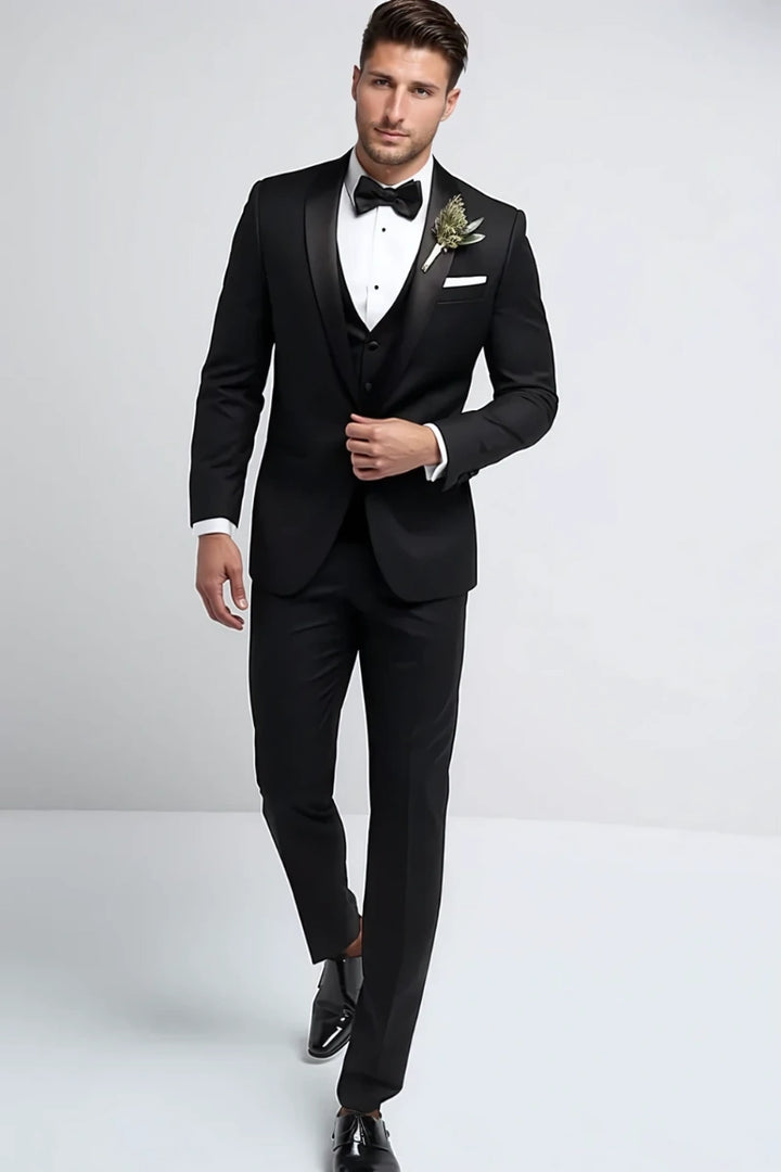 Men’s black tuxedo three piece suit-Front