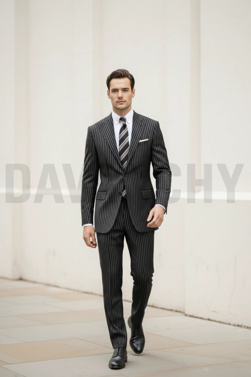 Men black pinstripe two piece formal suit-Front