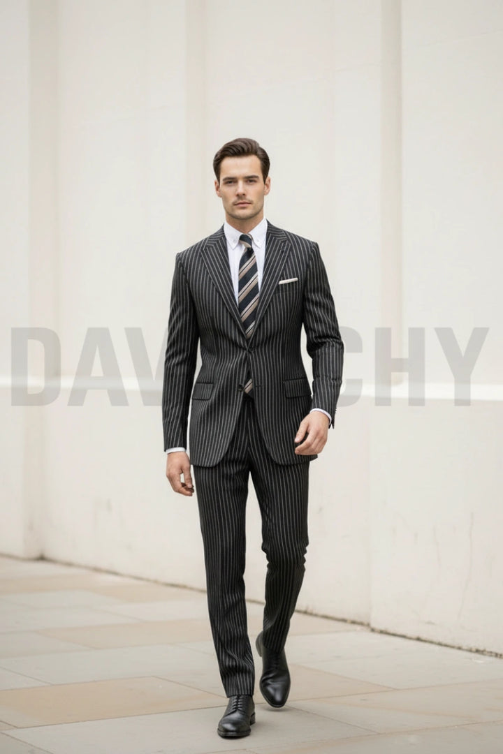 Men black pinstripe two piece formal suit-Front