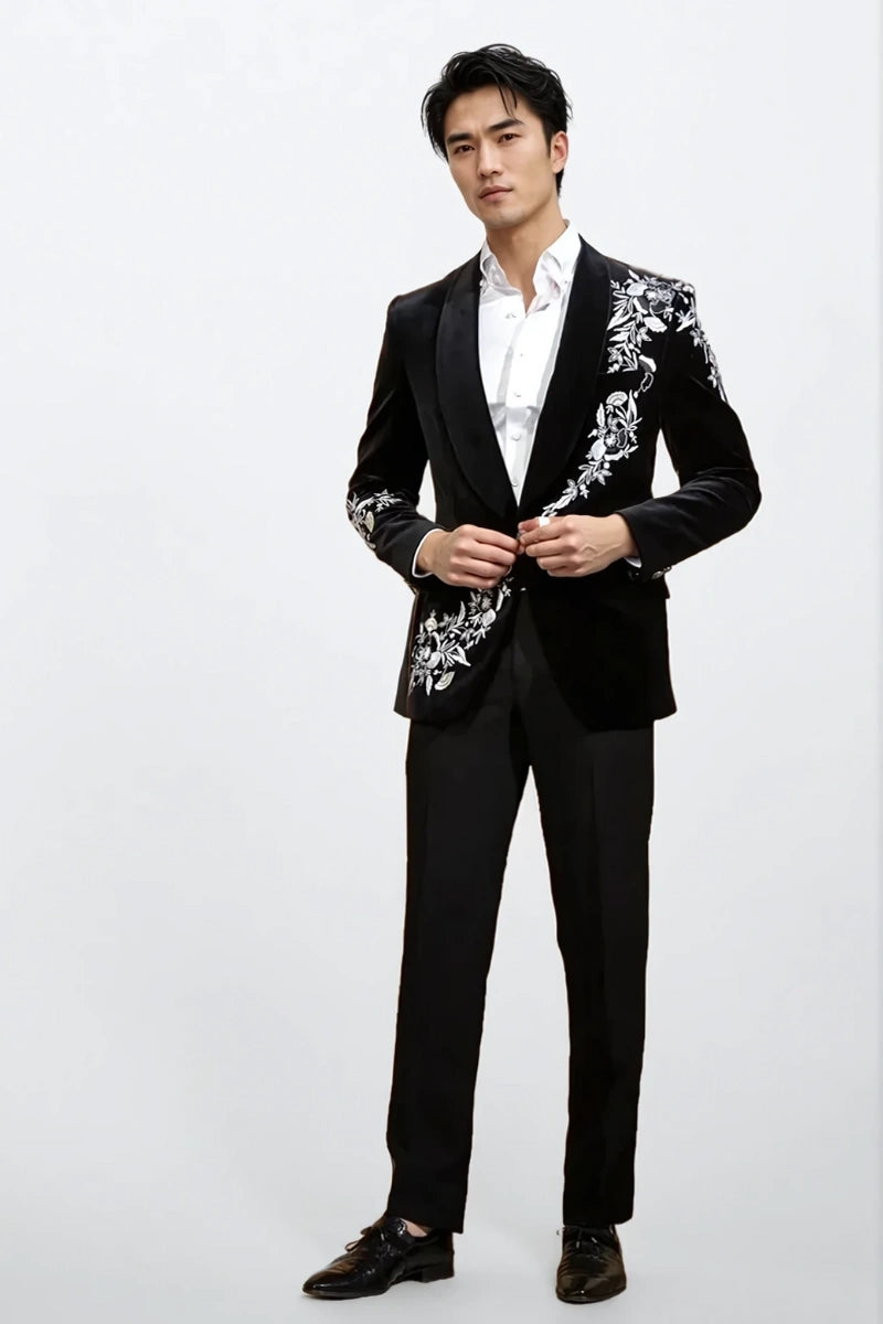 Men’s black velvet embroidery suit-Front