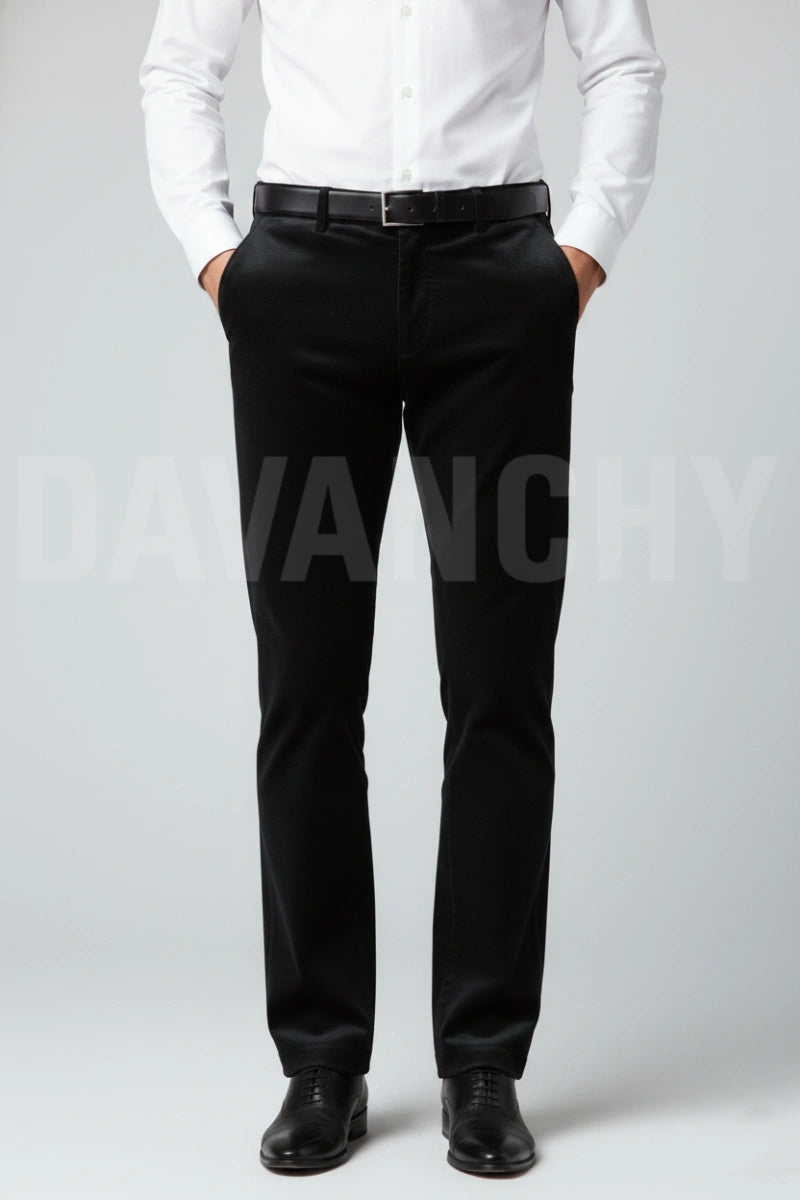 Men wearing black slim fit formal trousers-Front