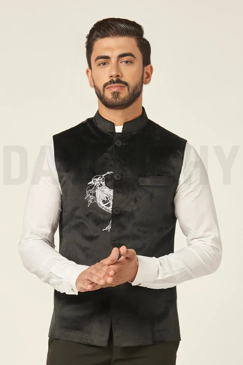 Black men nehru modi jacket with white bird embroidery and bandhgala collar style collar-Front