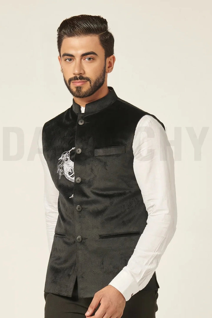 Stylish black jodhpuri and nehru jacket for men-Front