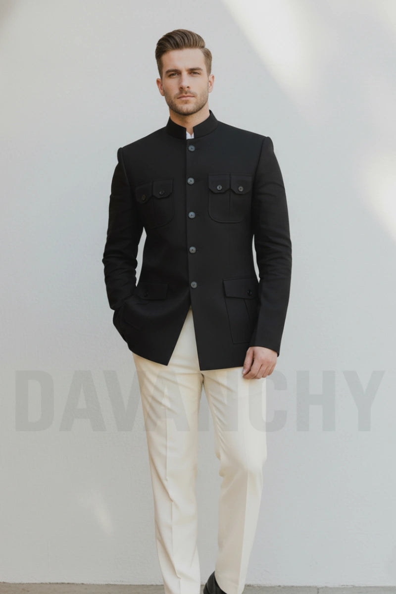 Black and White Bandhgala Two Piece Suit-Front