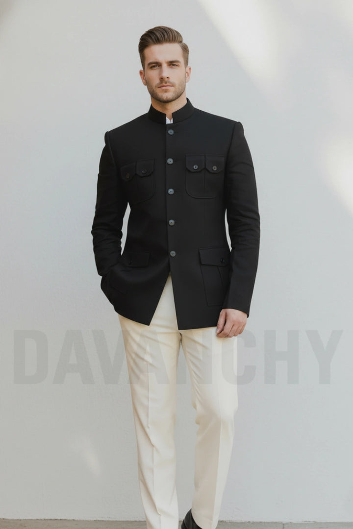 Black and White Bandhgala Two Piece Suit-Front