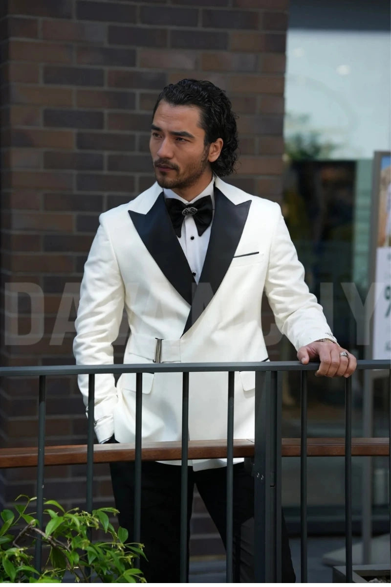 men tuxedo blazer with black satin peak lapel and buckle closure