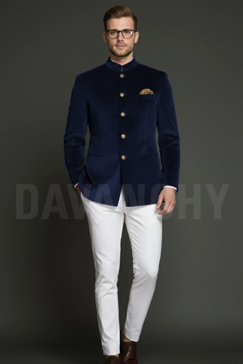 Men Dark Blue Velvet Jodhpuri Blazer-Front