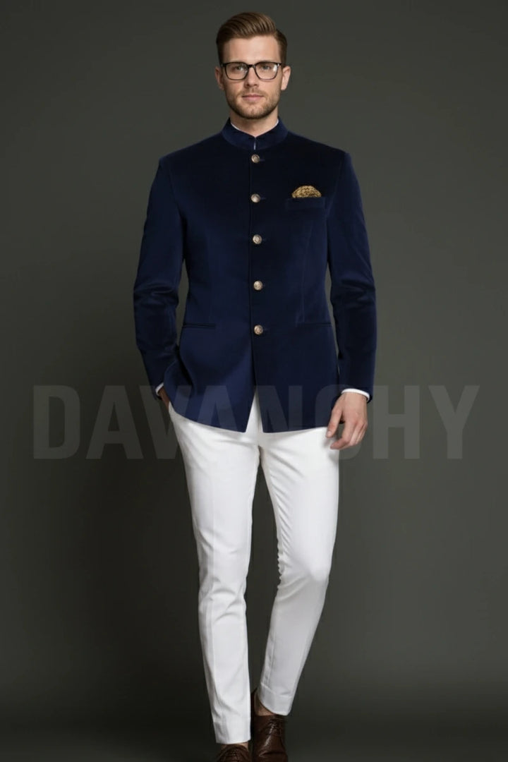 Men Dark Blue Velvet Jodhpuri Blazer-Front