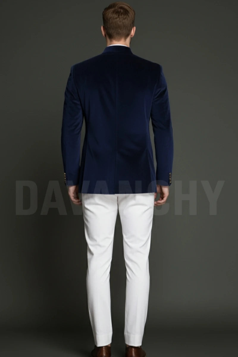 Men Navy Blue Jodhpuri Bandhgala Coat-Side