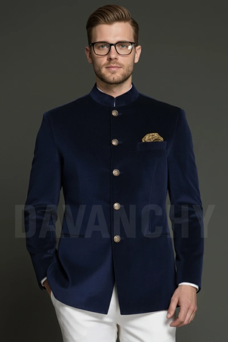 Men Dark Blue Velvet Bandhgala Blazer-Front