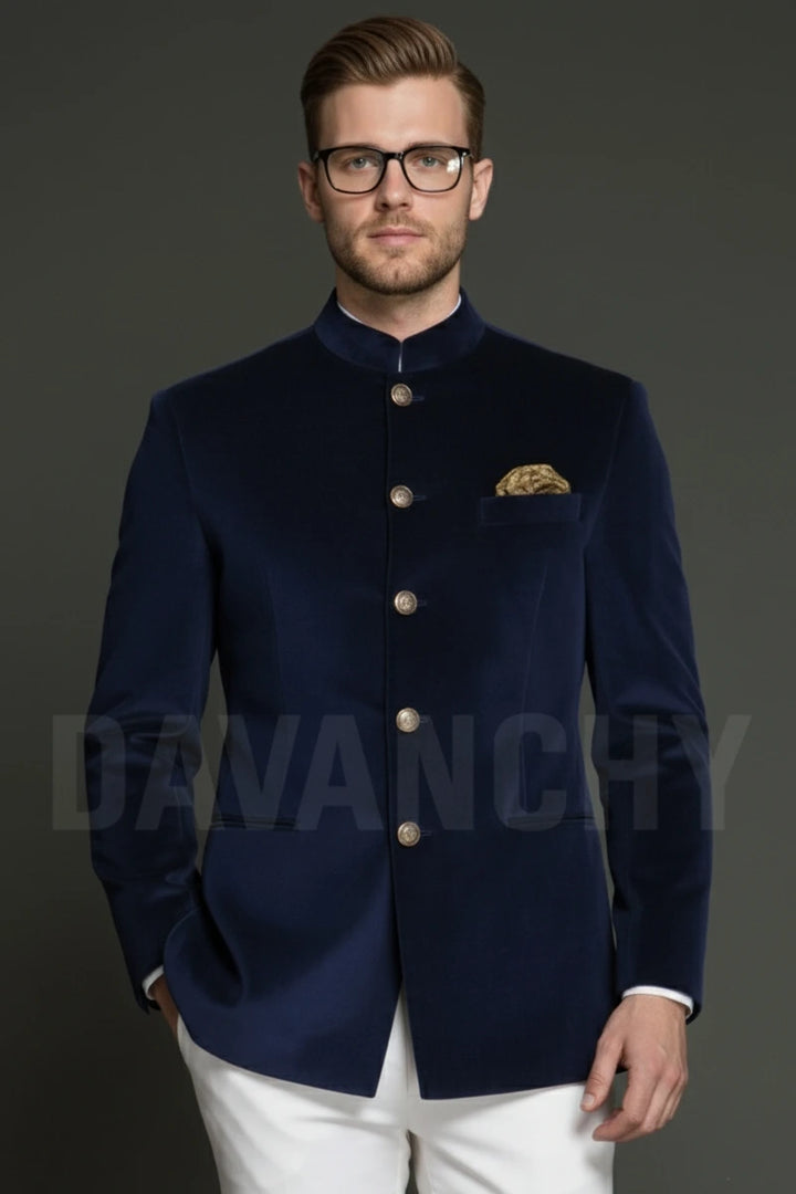 Men Dark Blue Velvet Bandhgala Blazer-Front