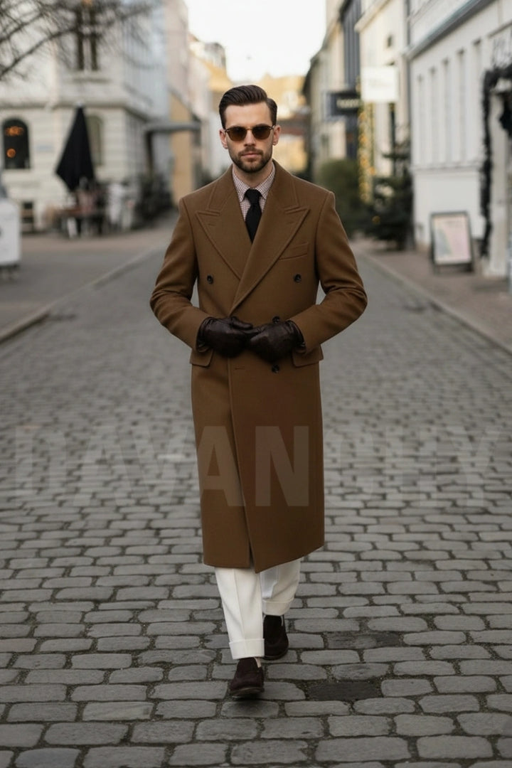 Men brown wool long overcoat-Front