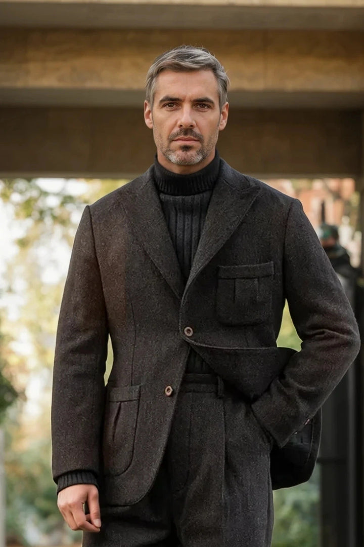 Mens vintage brown tweed blazer winter coat, perfect for a classic and stylish look-Front