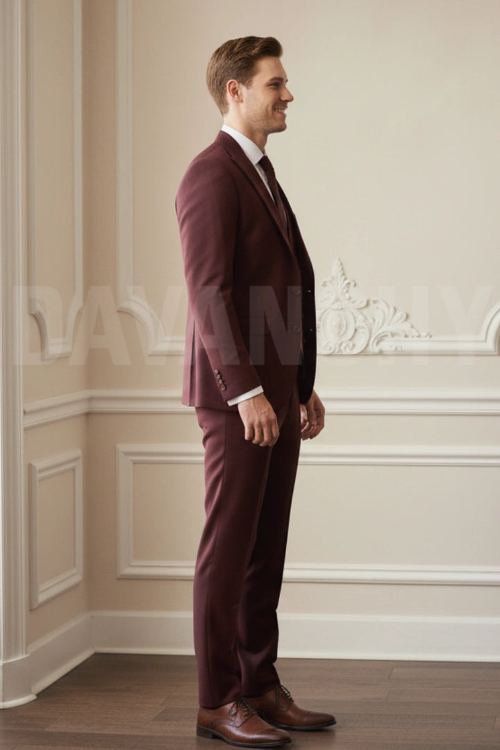 Men Burgundy Three Piece Suit-Side