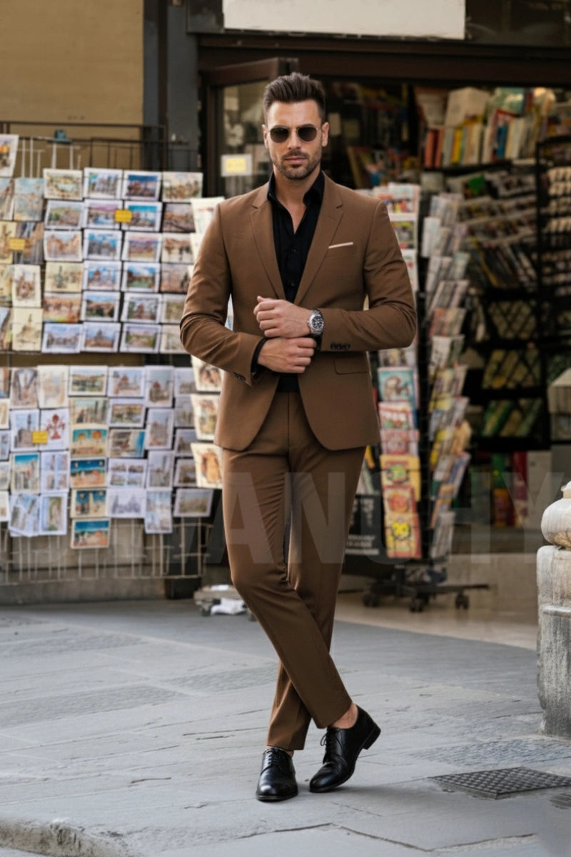 Buy Elegant Men Brown Suit Classic Two Piece Formal Outfit DAVANCHY Buy Elegant Men Brown Suit Classic Two Piece Formal Outfit DAVANCHY