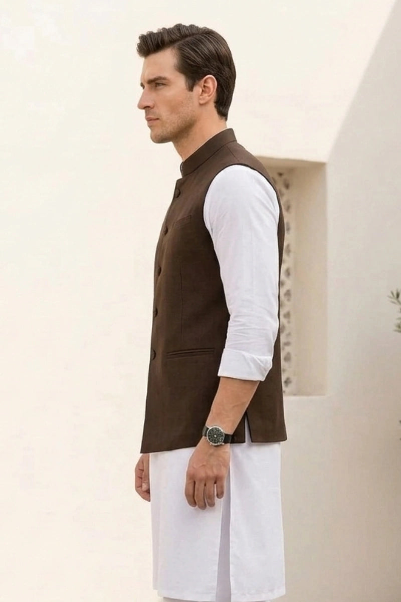 Brown Casual Party Waistcoat for Men's– Side  