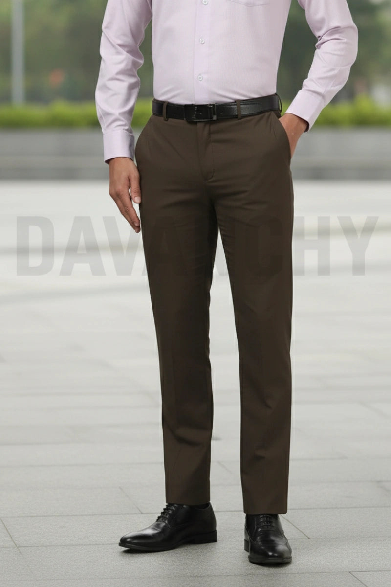 Men Coffee Brown Slim Fit Formal Trousers Dress Pants-Front