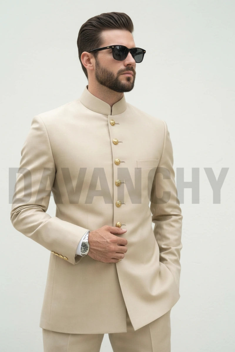 Cream bandhgala suit men wedding wear-Front