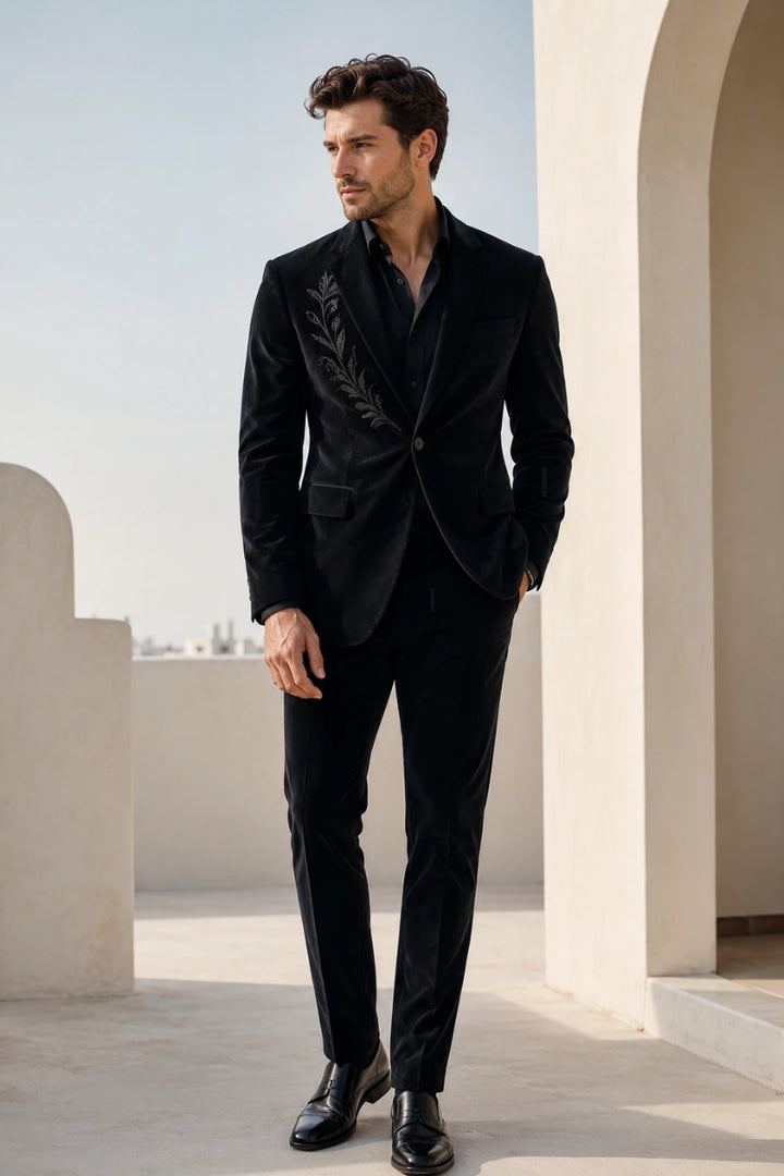 Men Black Velvet Embroidered 2 Piece Suit - Proms Outfit