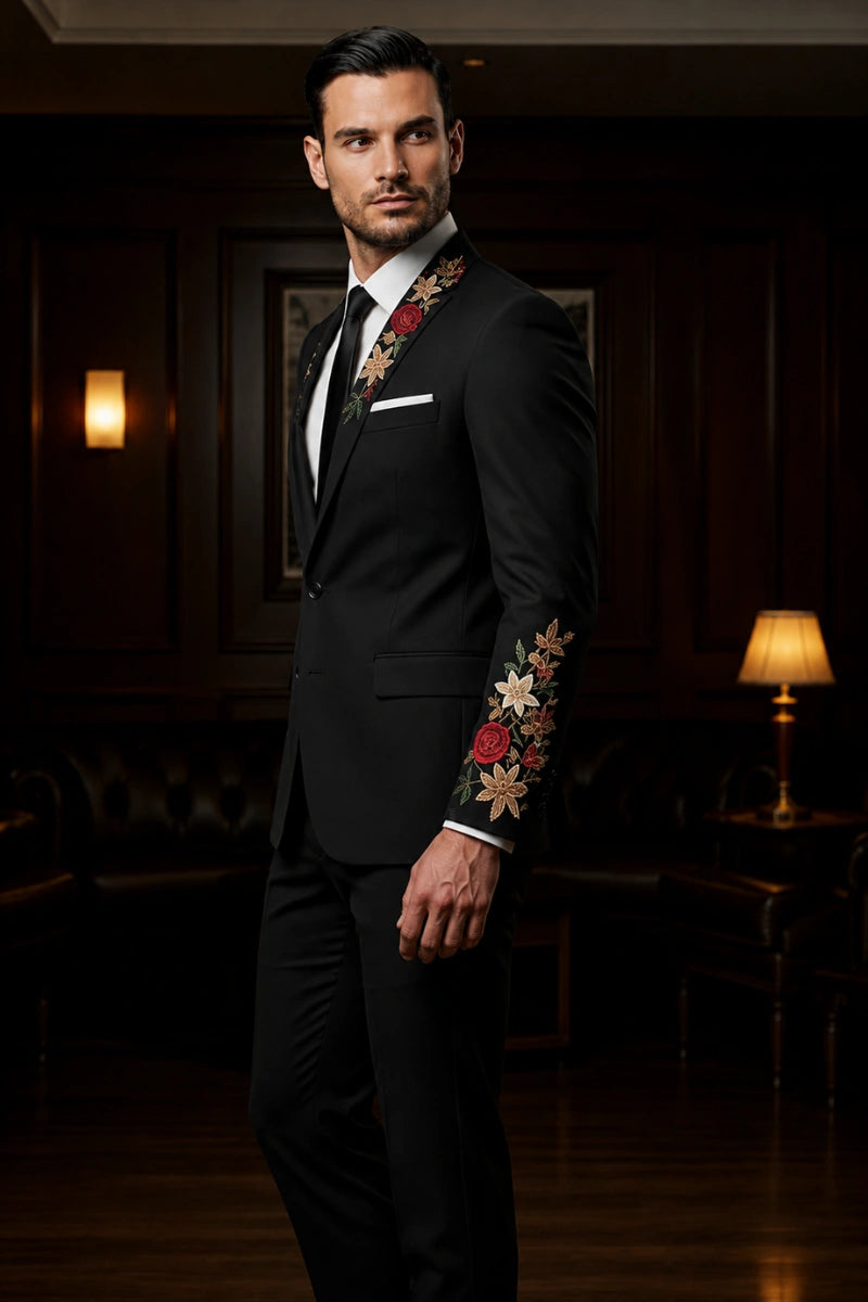 Men black floral embroidered two-piece suit-Side