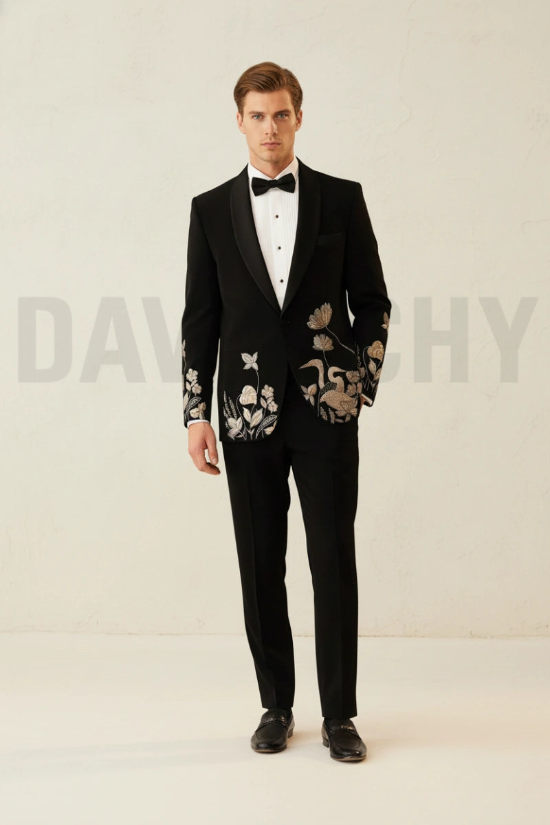 Men black embroidered designer tuxedo suit-Front