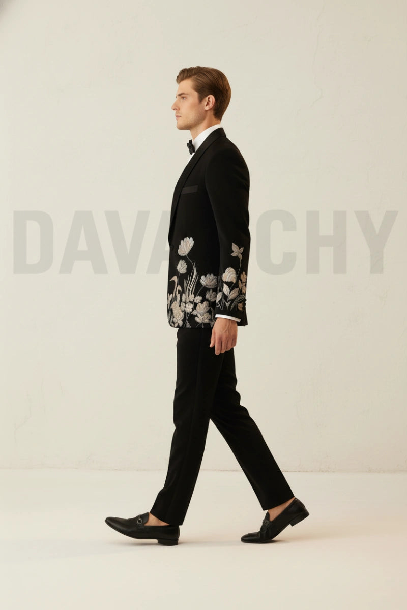 Men wedding wear black embroidered two piece suit-Side