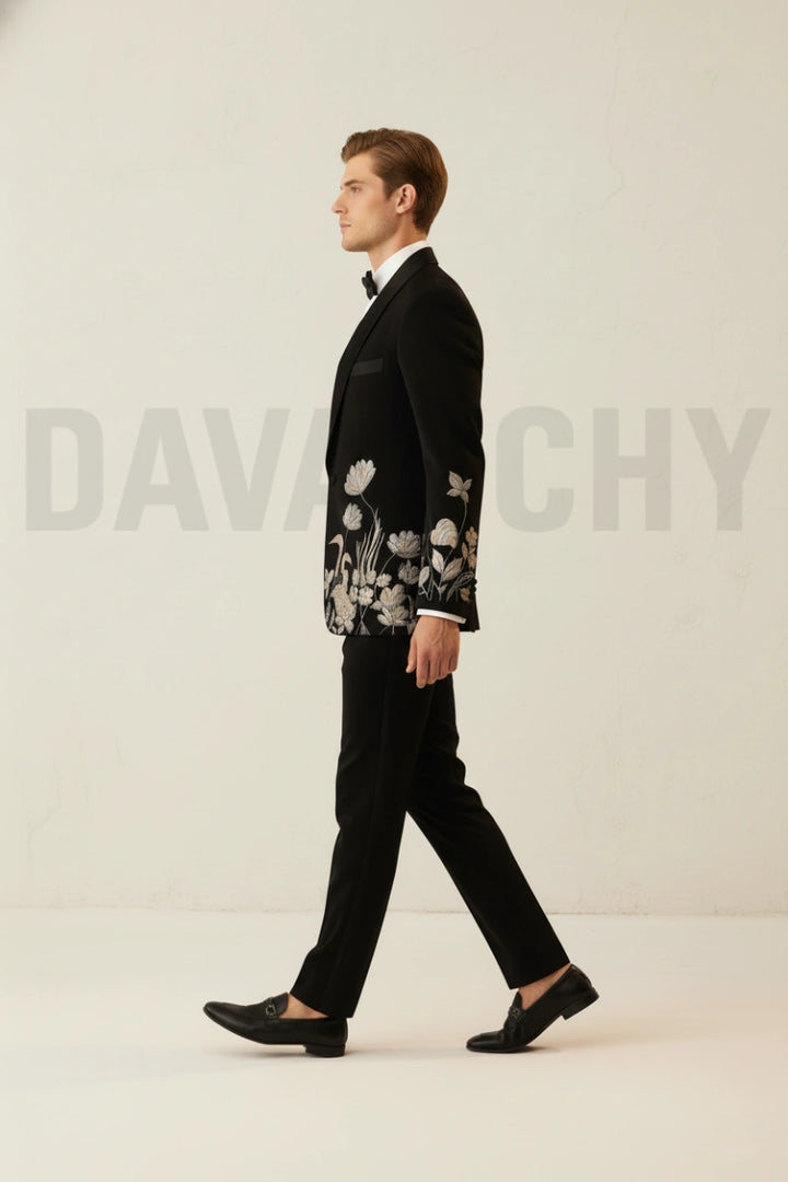 Men wedding wear black embroidered two piece suit-Side