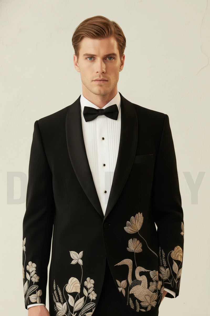 Men party wear embroidered tuxedo two piece suit-Front