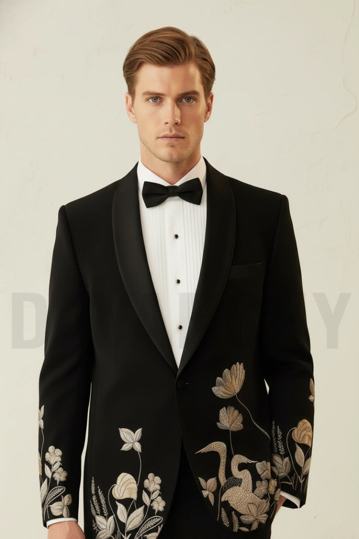 Men party wear embroidered tuxedo two piece suit-Front