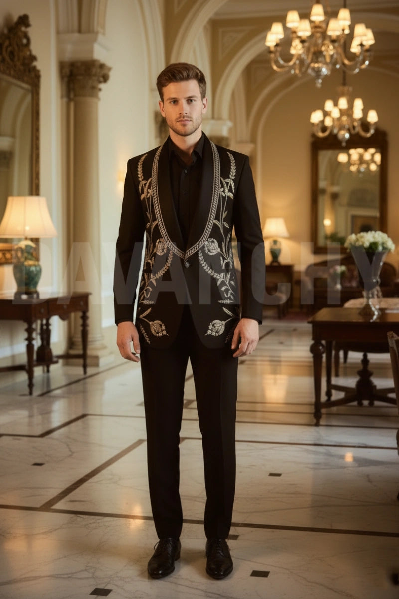 Men black embroidered tuxedo suit-Front