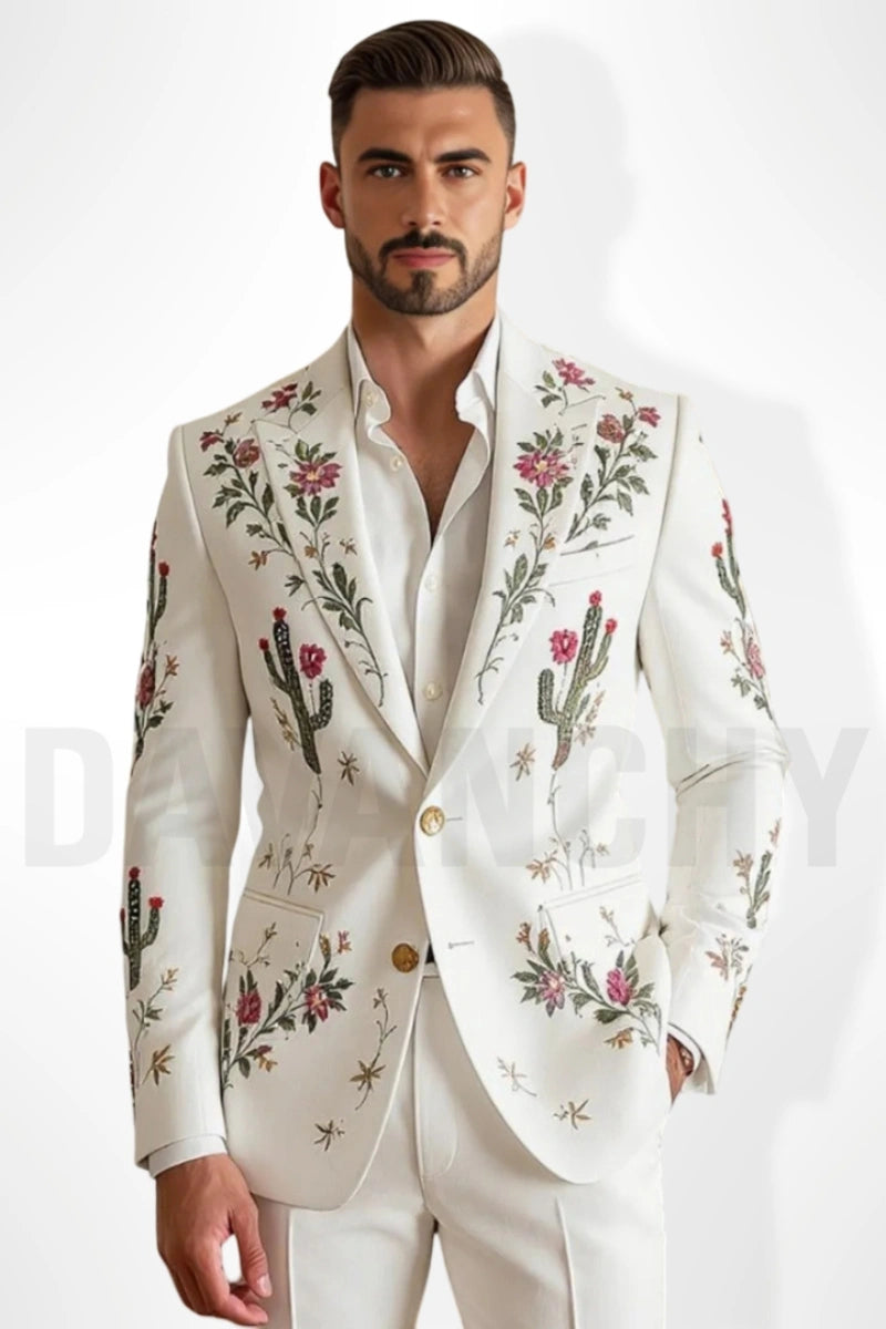 Men white designer two piece suit-Front