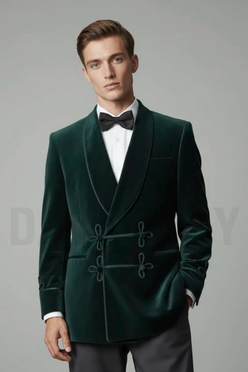 Emerald Green Velvet Smoking Jacket-Front