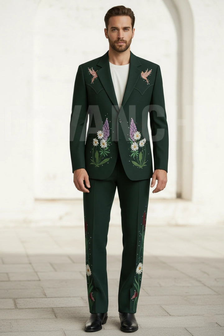 Emerald Green Floral Embroidered Suit-Front
