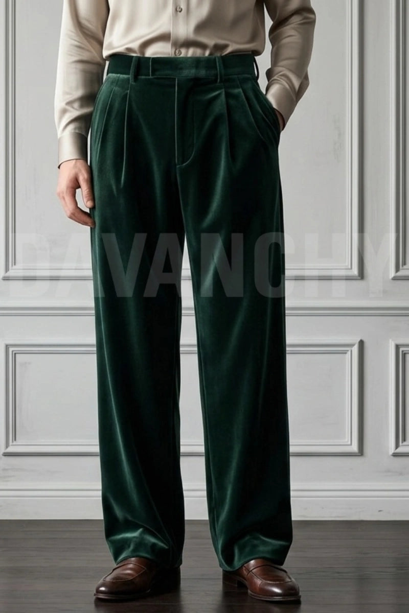 Men Emerald Green Pleated Trouser-Front